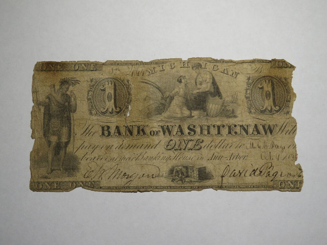 $1 1854 Ann Arbor Michigan MI Obsolete Currency Bank Note Bill Bank of Washtenaw