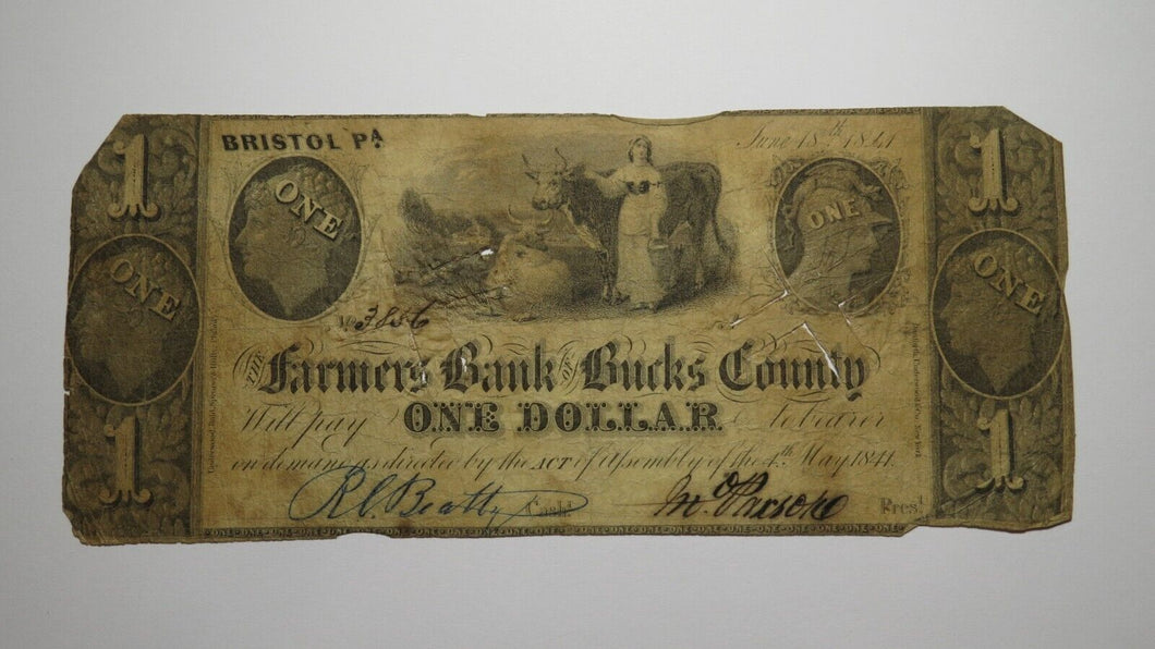 $1 1841 Bristol Pennsylvania PA Obsolete Currency Bank Note Bill Bucks County!