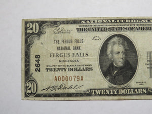 $20 1929 Fergus Falls Minnesota MN National Currency Bank Note Bill Ch. #2648 VF