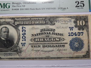 $10 1902 Braggs Oklahoma OK National Currency Bank Note Bill Ch. #10437 VF25 PMG