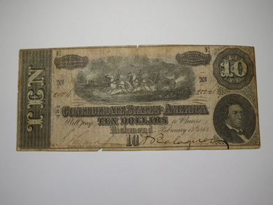 $10 1864 Richmond Virginia VA Confederate Currency Bank Note Bill RARE T68 Good!