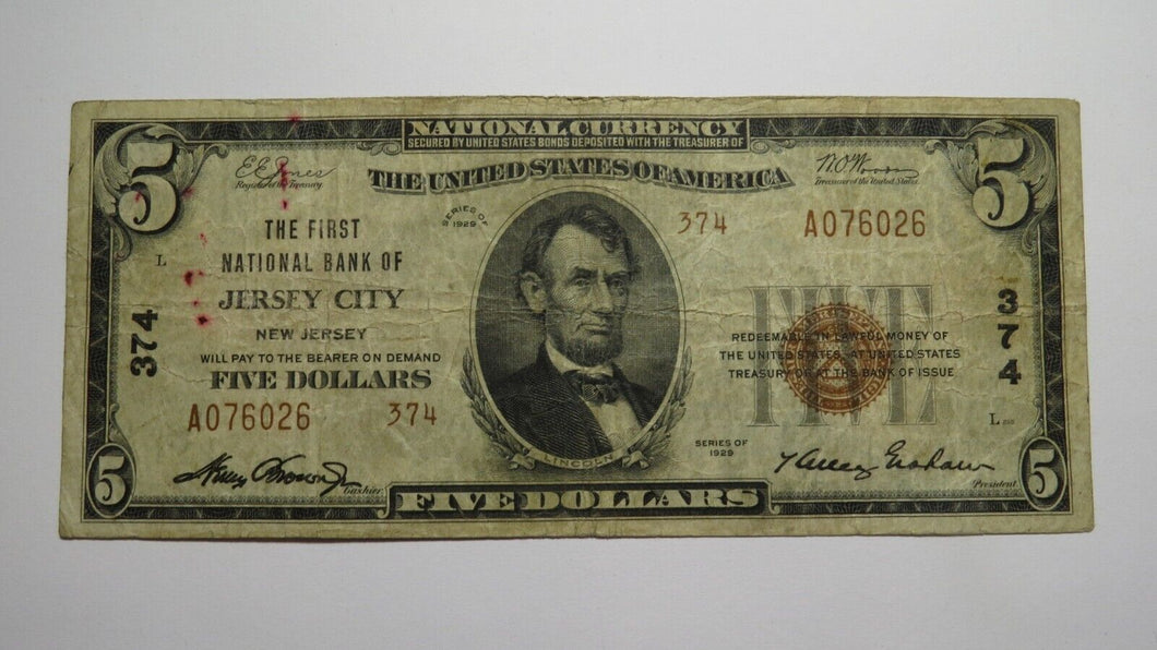 $5 1929 Jersey City New Jersey NJ National Currency Bank Note Bill Charter #374