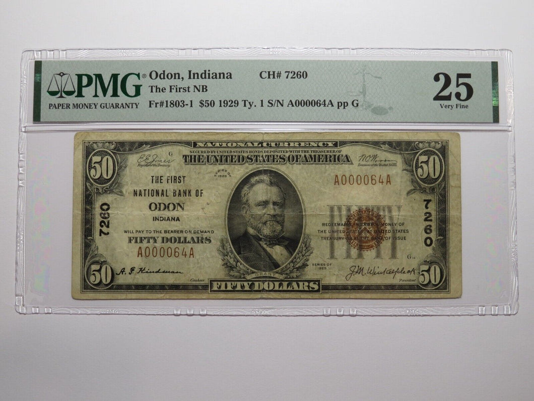 $50 1929 Odon Indiana IN National Currency Bank Note Bill Ch. #7260 VF25 PMG