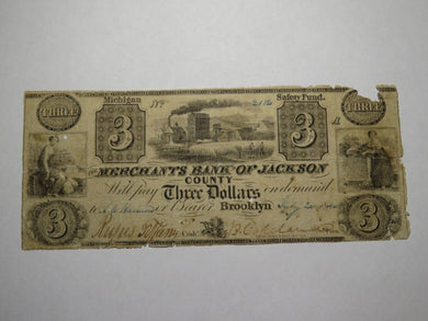 $3 1840 Brooklyn Michigan MI Obsolete Currency Bank Note Bill Jackson Merchants