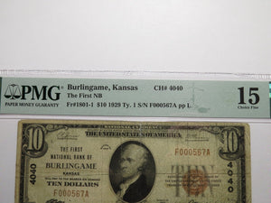 $10 1929 Burlingame Kansas KS National Currency Bank Note Bill Ch. #4040 F15 PMG