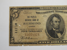 Load image into Gallery viewer, $5 1929 Richmond Kansas KS National Currency Bank Note Bill Charter #11728 RARE