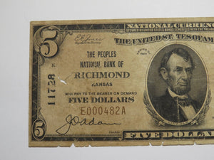 $5 1929 Richmond Kansas KS National Currency Bank Note Bill Charter #11728 RARE