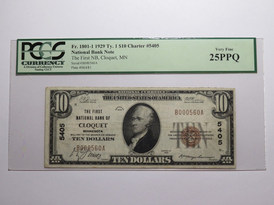 $10 1929 Cloquet Minnesota MN National Currency Bank Note Bill #5405 VF25 PCGS