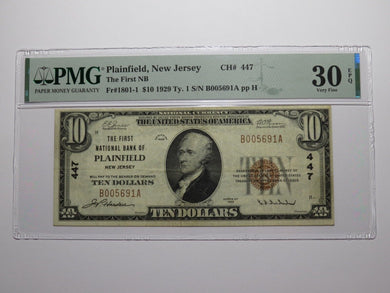 $10 1929 Plainfield New Jersey NJ National Currency Bank Note Bill Ch. #447 VF30