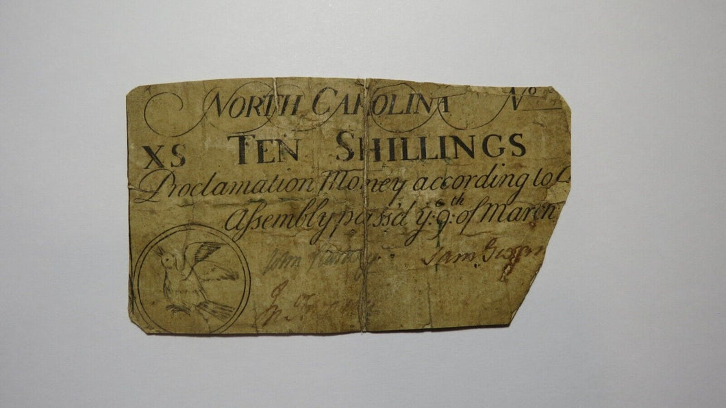 1754 Ten Shillings North Carolina NC Colonial Currency Note Bill 10s RARE