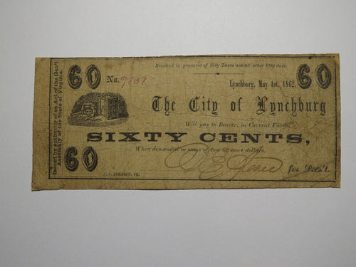 $.60 1862 Lynchburg Virginia VA Obsolete Currency Bank Note Bill City of Lynch