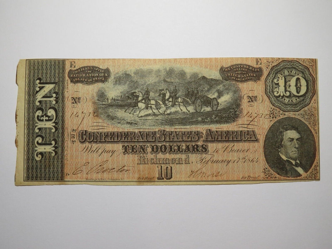 $10 1864 Richmond Virginia Confederate Currency Bank Note Bill RARE T68 VF+