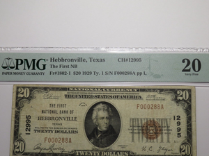 $20 1929 Hebbronville Texas TX National Currency Bank Note Bill Ch. #12995 VF20