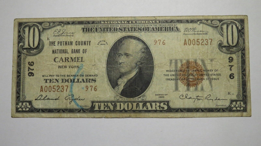 $10 1929 Carmel New York NY National Currency Bank Note Bill Ch. #976 FINE