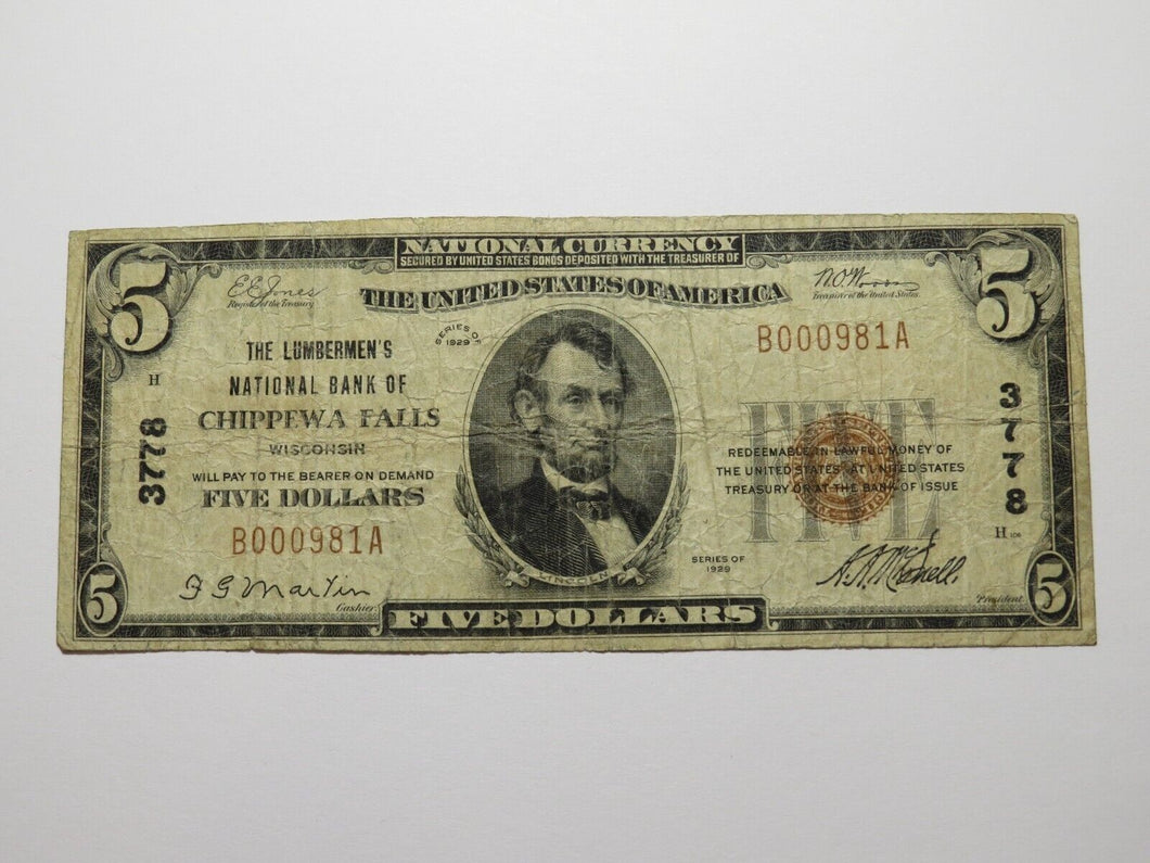 $5 1929 Chippewa Falls Wisconsin WI National Currency Bank Note Bill Ch. #3778