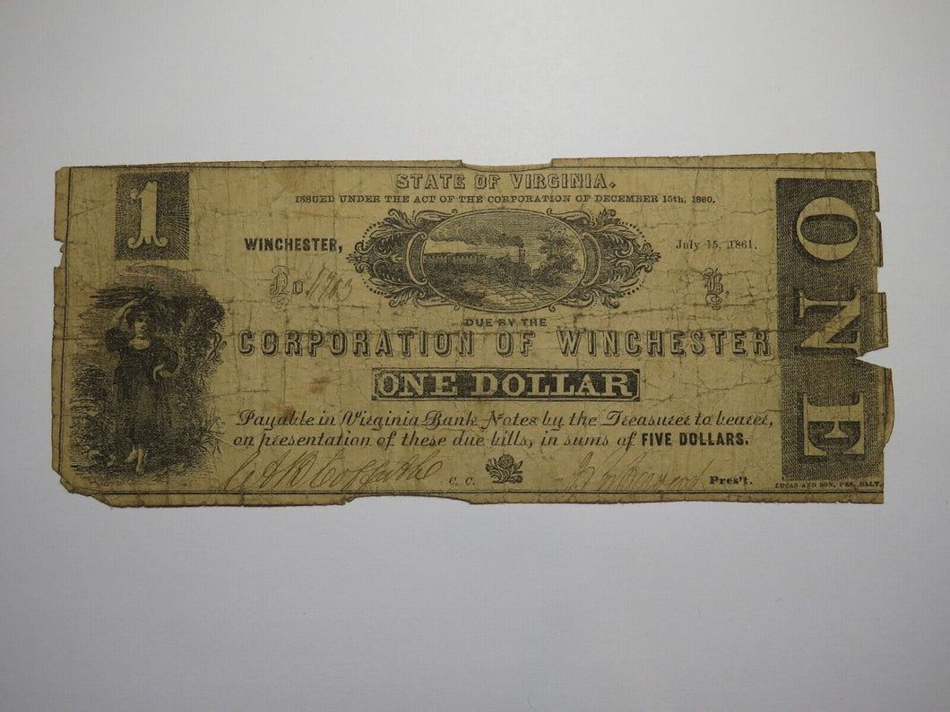 $1 1861 Winchester Virginia VA Obsolete Currency Bank Note Bill Corp. of Win.