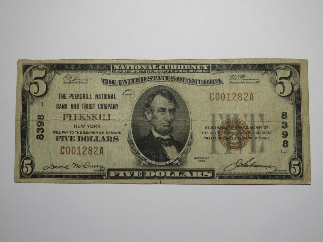 $5 1929 Peekskill New York NY National Currency Bank Note Bill Ch. #8398 FINE