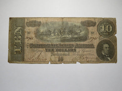 $10 1864 Richmond Virginia VA Confederate Currency Bank Note Bill RARE T68 Good