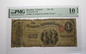 $1 1865 Brandon Vermont National Currency Bank Note Bill 404 Original Series Ace