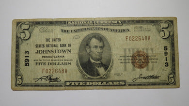 $5 1929 Johnstown Pennsylvania National Currency Bank Note Bill #5913 Forbidden