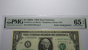 $1 1988 Radar Serial Number Federal Reserve Currency Bank Note Bill PMG UNC65EPQ