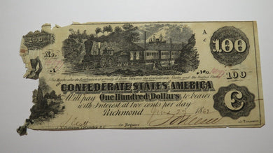 $100 1862 Richmond Virginia VA Confederate Currency Bank Note Bill RARE T39