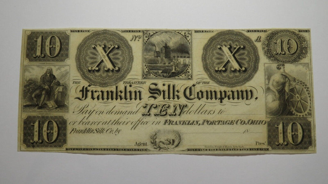 $10 18__ Franklin Ohio Obsolete Currency Bank Note Bill Remainder Silk Company