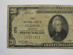 $20 1929 St. Louis Missouri MO National Currency Bank Note Bill Charter #170