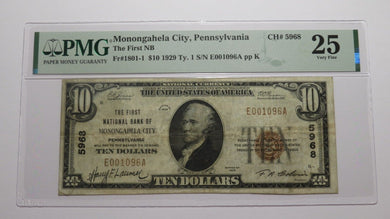 $10 1929 Monongahela City Pennsylvania PA National Currency Bank Note Bill #5968