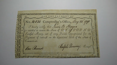 1791 One Pound Connecticut Comptroller's Office Colonial Currency Note Pomeroy!