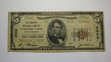 $5 1929 Turners Falls Massachusetts National Currency Bank Note Bill #2058 FINE