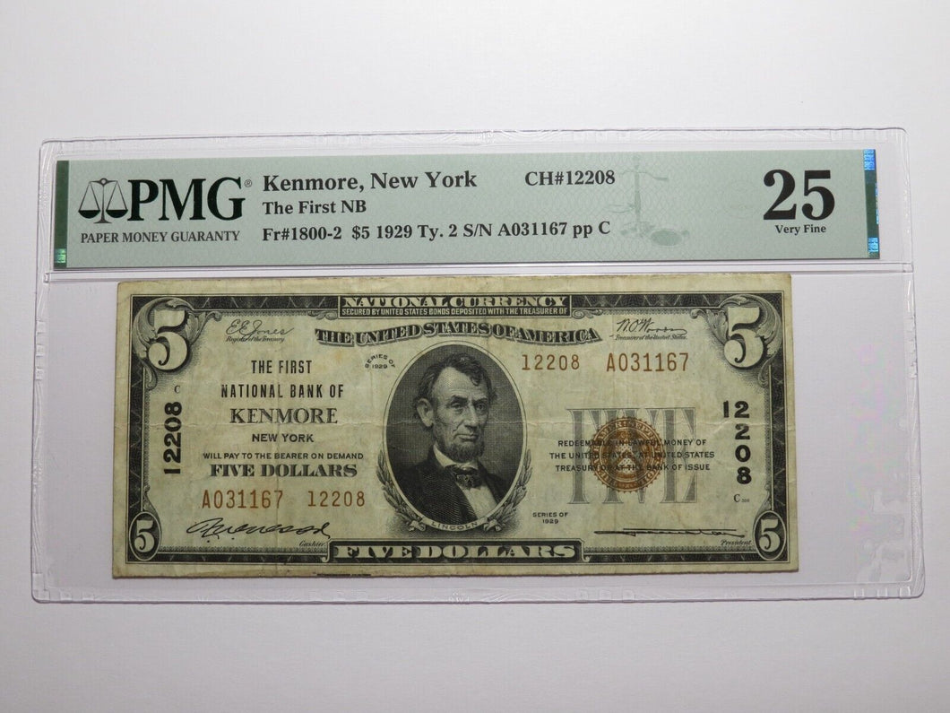 $5 1929 Kenmore New York NY National Currency Bank Note Bill Ch. #12208 VF25 PMG