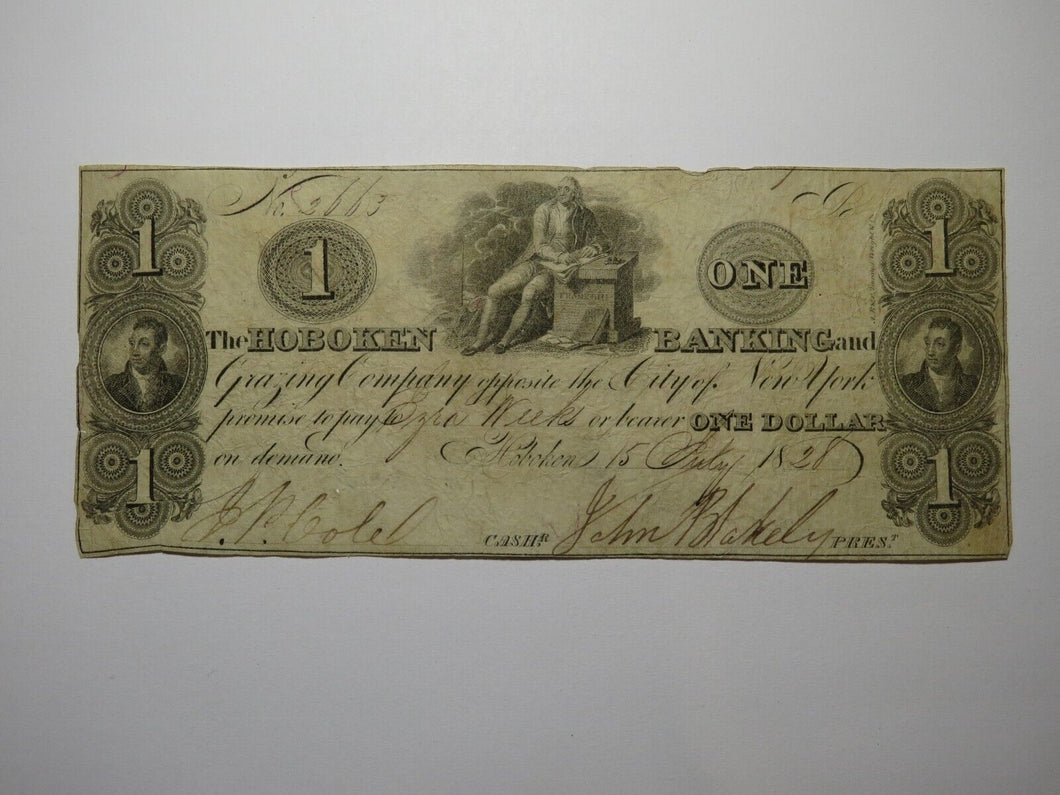 $1 1828 Hoboken New Jersey NJ Obsolete Currency Bank Note Bill Grazing Company