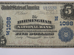 $5 1902 Derby Connecticut National Currency Bank Note Bill Ch. #1098 Birmingham