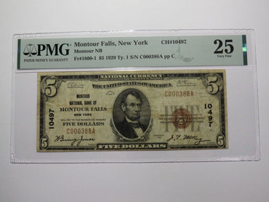 $5 1929 Montour Falls New York National Currency Bank Note Bill #10497 VF25 PMG