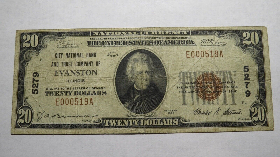 $20 1929 Evanston Illinois IL National Currency Bank Note Bill Ch. #5279 FINE!