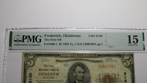 $5 1929 Frederick Oklahoma OK National Currency Bank Note Bill Ch. #8140 F15 PMG