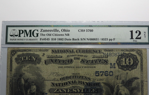 $10 1882 Zanesville Ohio OH National Currency Bank Note Bill Ch. #5760 F12 PMG