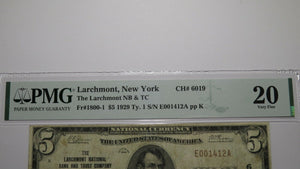 $5 1929 Larchmont New York NY National Currency Bank Note Bill Ch #6019 VF20 PMG