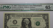 Load image into Gallery viewer, $1 1999 Fancy Repeater Serial Number Federal Reserve Currency Bank Note Bill PMG