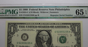 $1 1999 Fancy Repeater Serial Number Federal Reserve Currency Bank Note Bill PMG