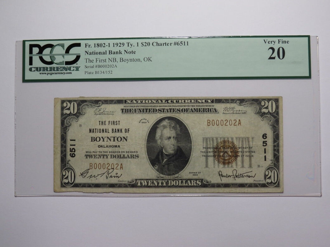 $20 1929 Boynton Oklahoma OK National Currency Bank Note Bill #6511 PCGS VF20