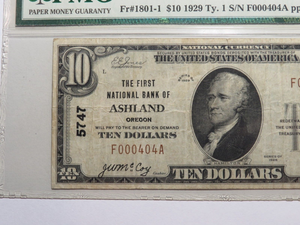 $10 1929 Ashland Oregon OR National Currency Bank Note Bill Ch. #5747 VF20 PMG