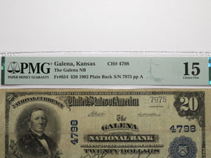 $20 1902 Galena Kansas KS National Currency Bank Note Bill Charter #4798 PMG F15