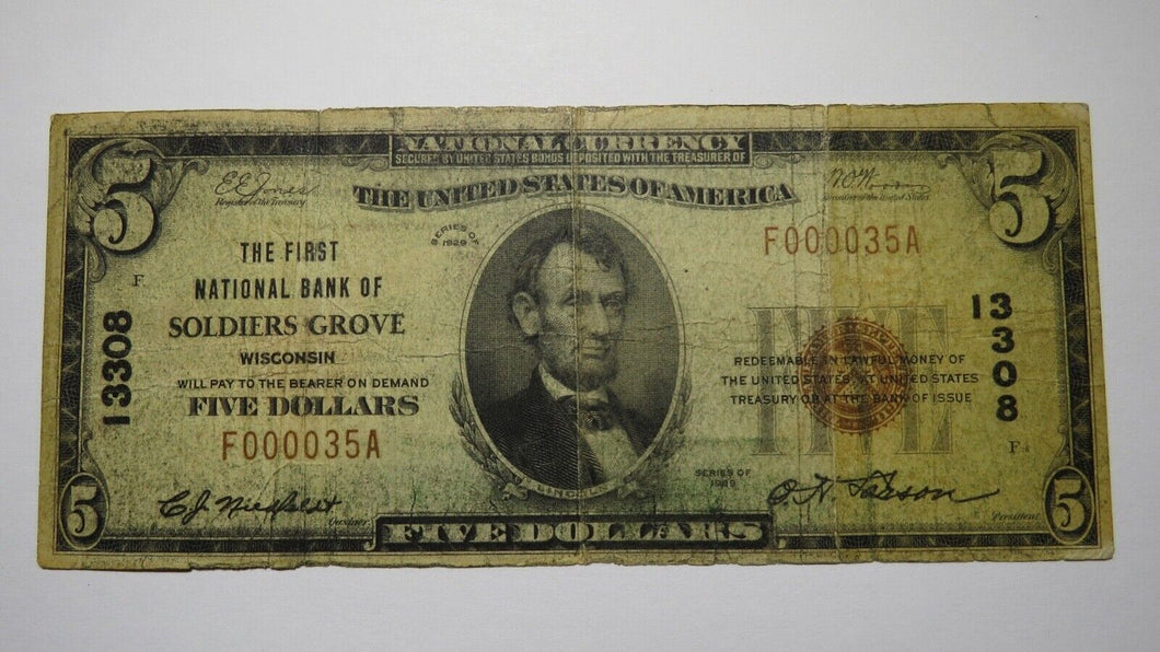 $5 1929 Soldiers Grove Wisconsin WI National Currency Bank Note Bill Ch. #13308 