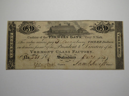 $3 1813 Salisbury Vermont VT Obsolete Currency Bank Note Bill! VT Glass Factory