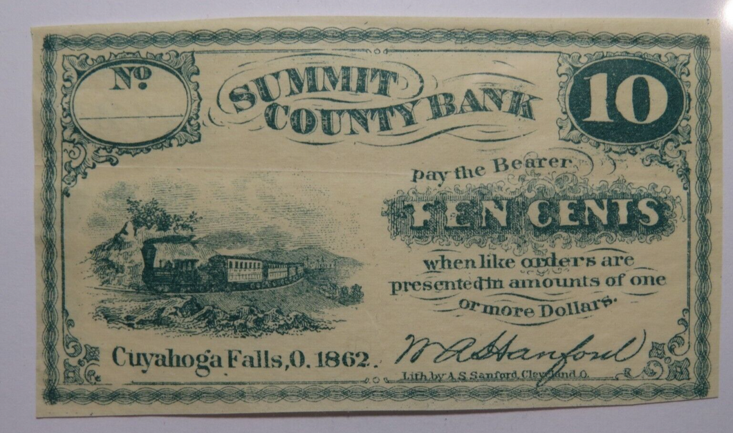 $.10 1862 Cuyahoga Falls Ohio OH Obsolete Currency Bank Note Bill Summit County