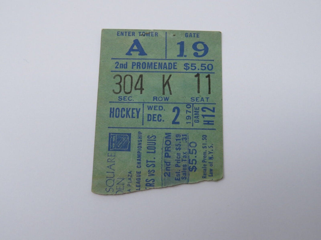 December 2, 1970 New York Rangers Vs. St. Louis Blues NHL Hockey Ticket Stub