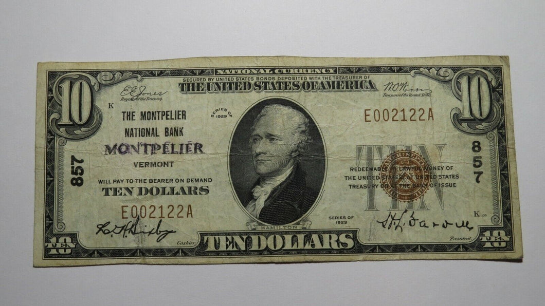 $10 1929 Montpelier Vermont VT National Currency Bank Note Bill Ch. #857 RARE!