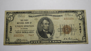 $5 1929 Union Springs Alabama AL National Currency Bank Note Bill Ch. #7467 Fine